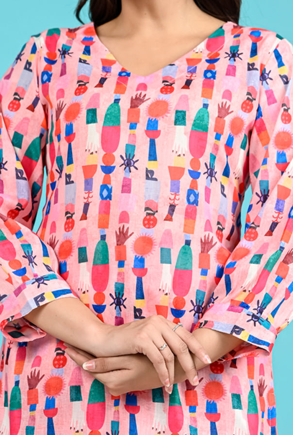 Pink Printed Cotton kurta Pants Set