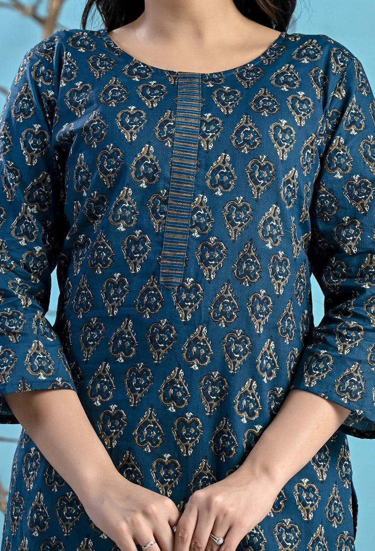 Teal Printed Cotton Suit Set