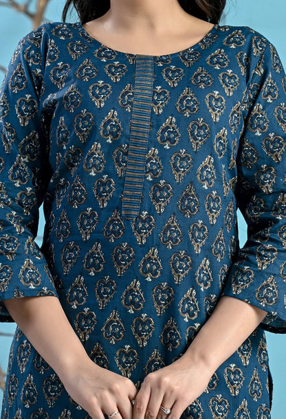 Teal Printed Cotton Suit Set