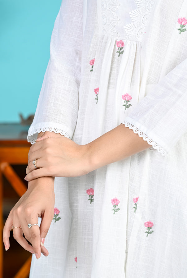 White Pink Embroidery Kurta Pant Set