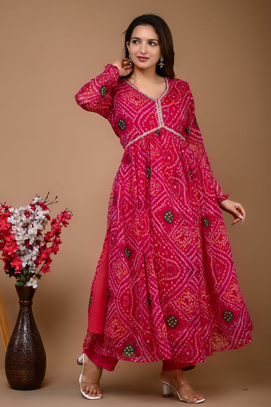 Pink Chiffon Green Laddu Alia Cut Suit Set