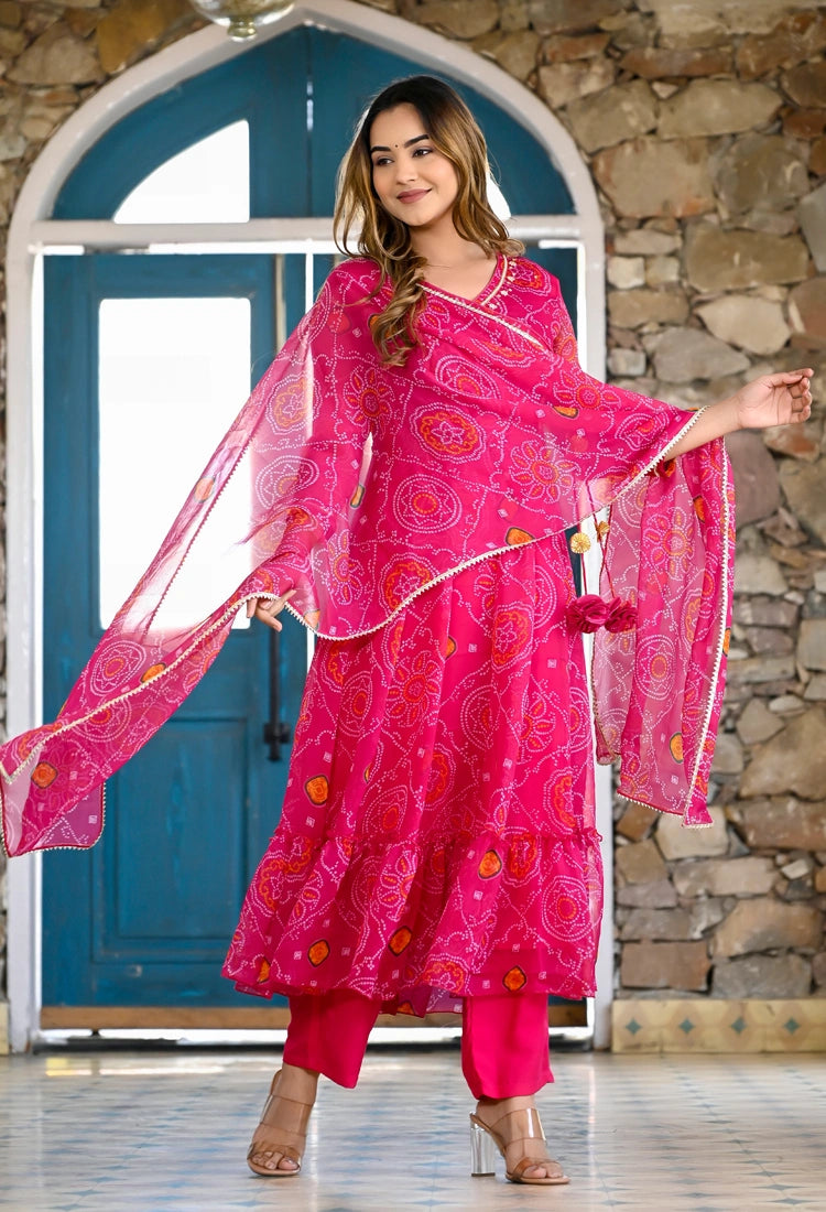 Pink Bandhani Angrakha Anarkali Suit Set