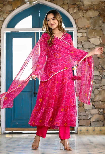 Pink Bandhani Angrakha Anarkali Suit Set