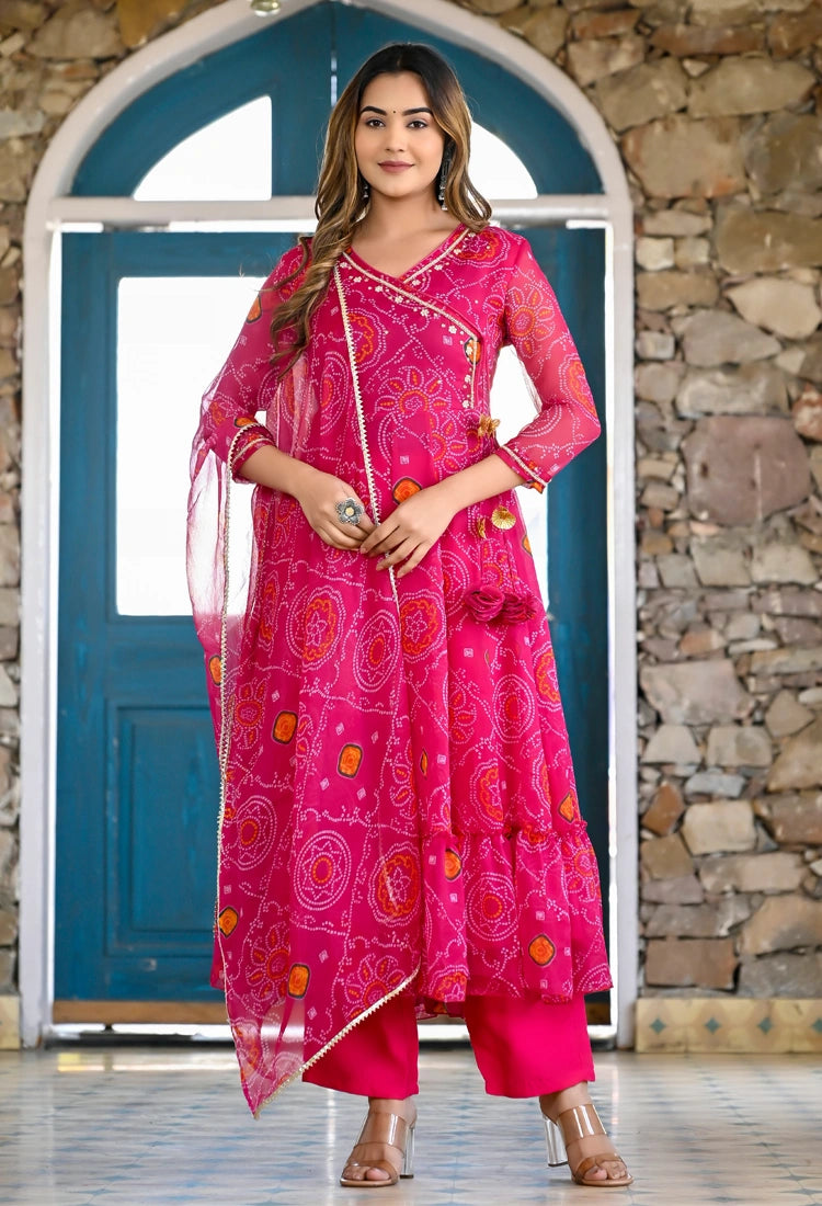 Pink Bandhani Angrakha Anarkali Suit Set