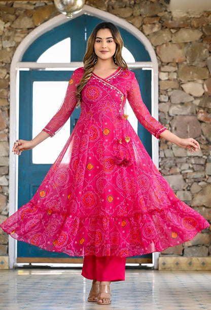 Pink Bandhani Angrakha Anarkali Suit Set