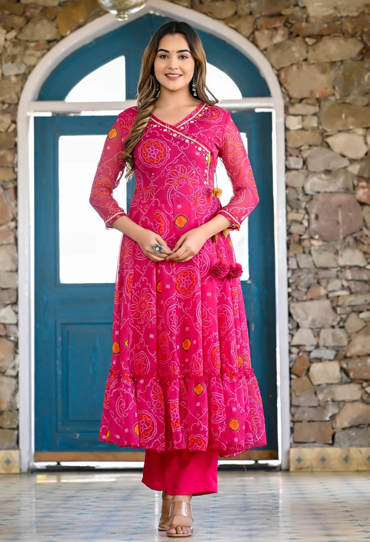 Pink Bandhani Angrakha Anarkali Suit Set