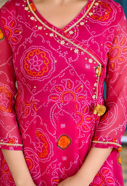 Pink Bandhani Angrakha Anarkali Suit Set
