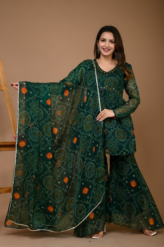 Green Bandhani Sharara Set