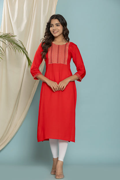 Red Front Yoke Embroidered Rayon Kurta