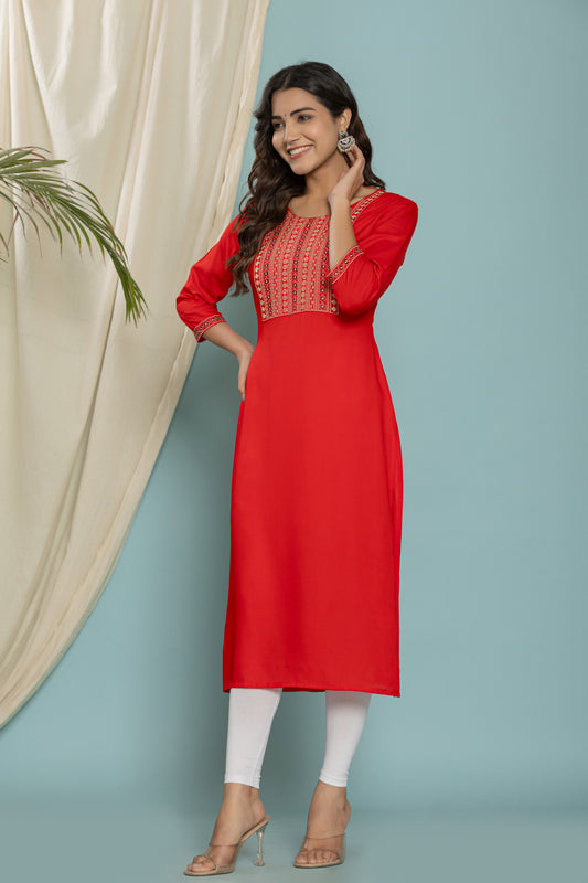 Red Front Yoke Embroidered Rayon Kurta