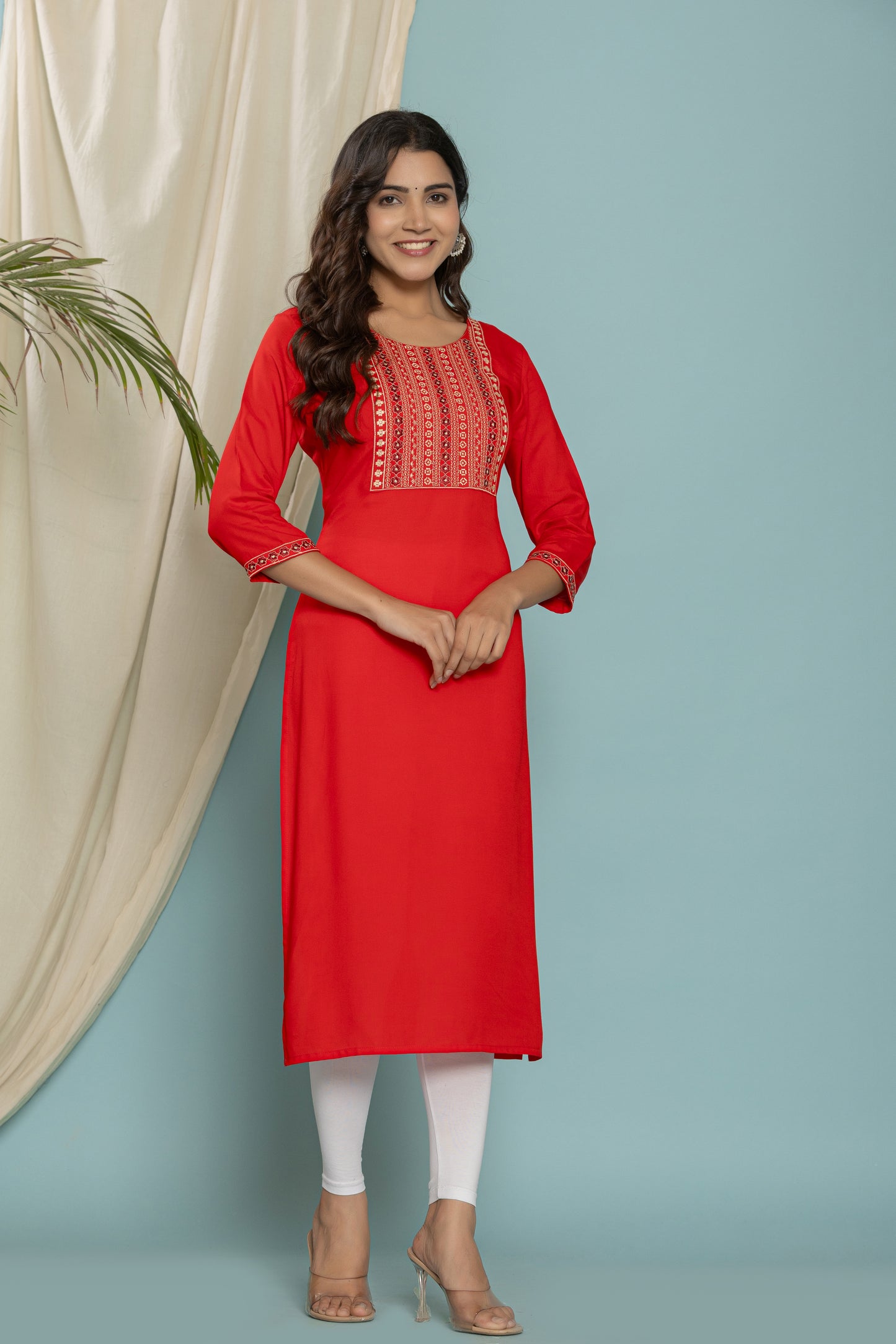 Red Front Yoke Embroidered Rayon Kurta