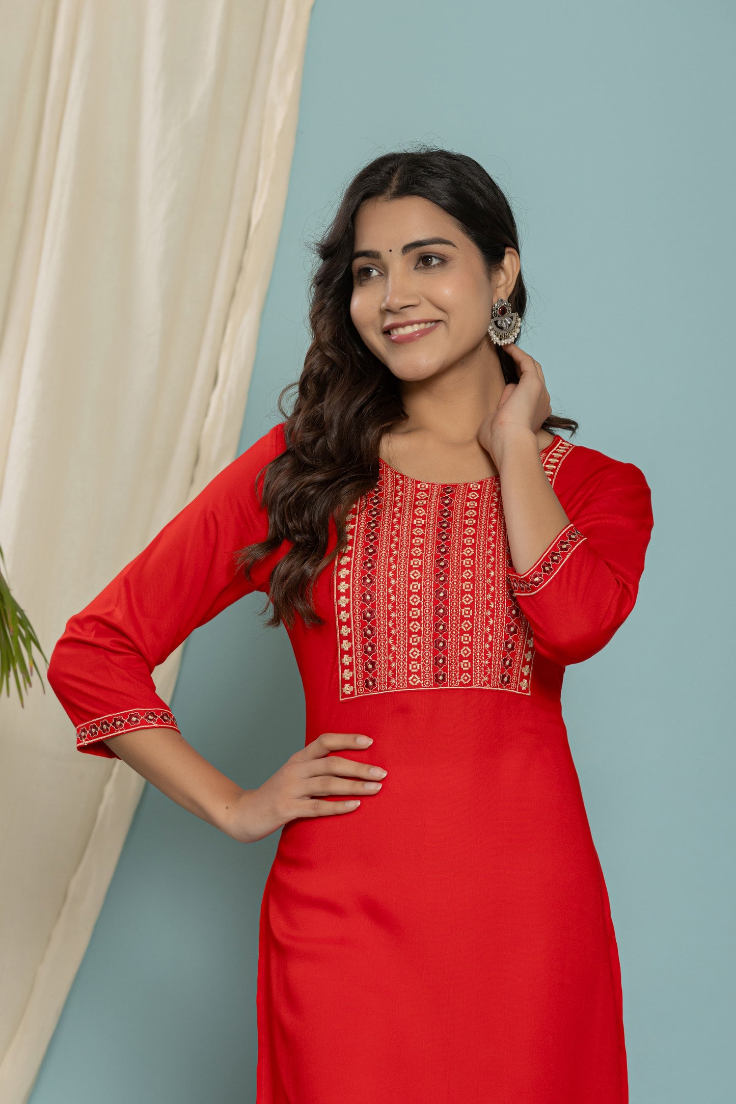 Red Front Yoke Embroidered Rayon Kurta