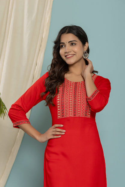 Red Front Yoke Embroidered Rayon Kurta