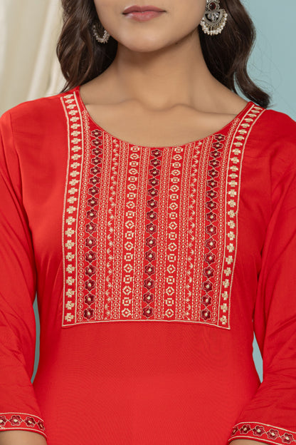 Red Front Yoke Embroidered Rayon Kurta