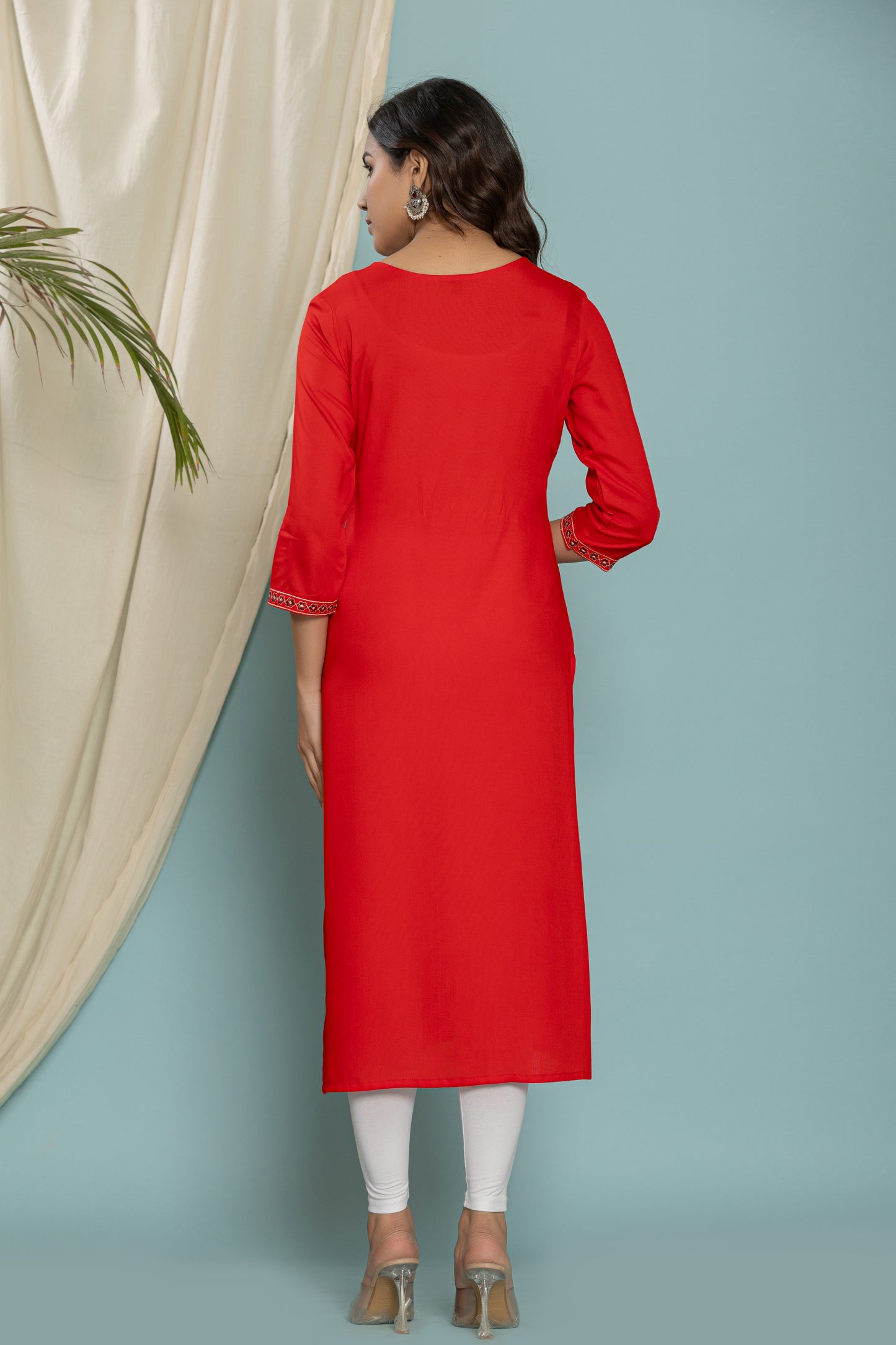 Red Front Yoke Embroidered Rayon Kurta