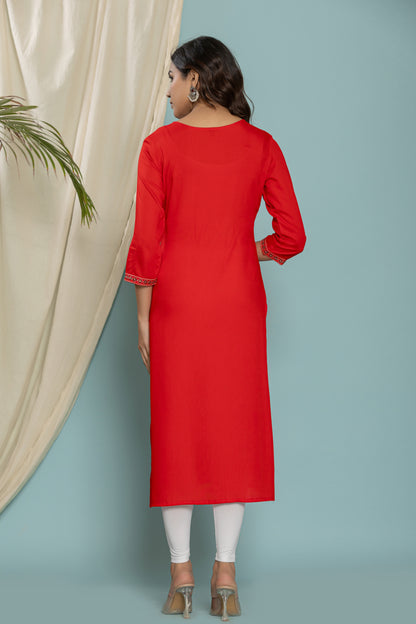 Red Front Yoke Embroidered Rayon Kurta