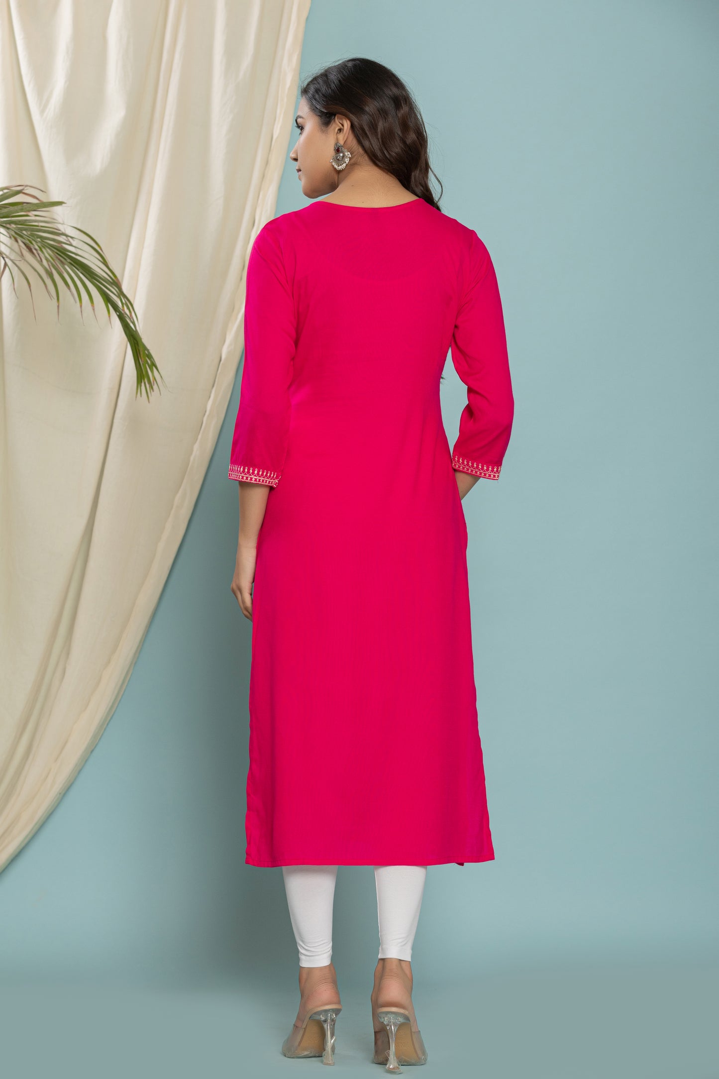 Rani-Pink Front Yoke Embroidered Rayon Kurta