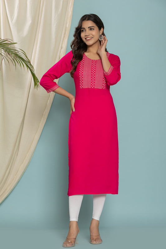 Rani-Pink Front Yoke Embroidered Rayon Kurta