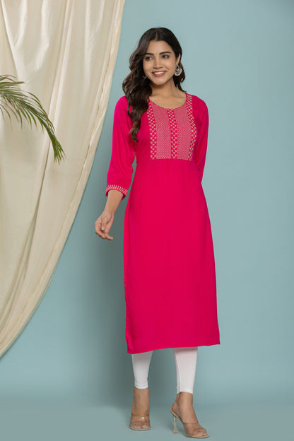 Rani-Pink Front Yoke Embroidered Rayon Kurta