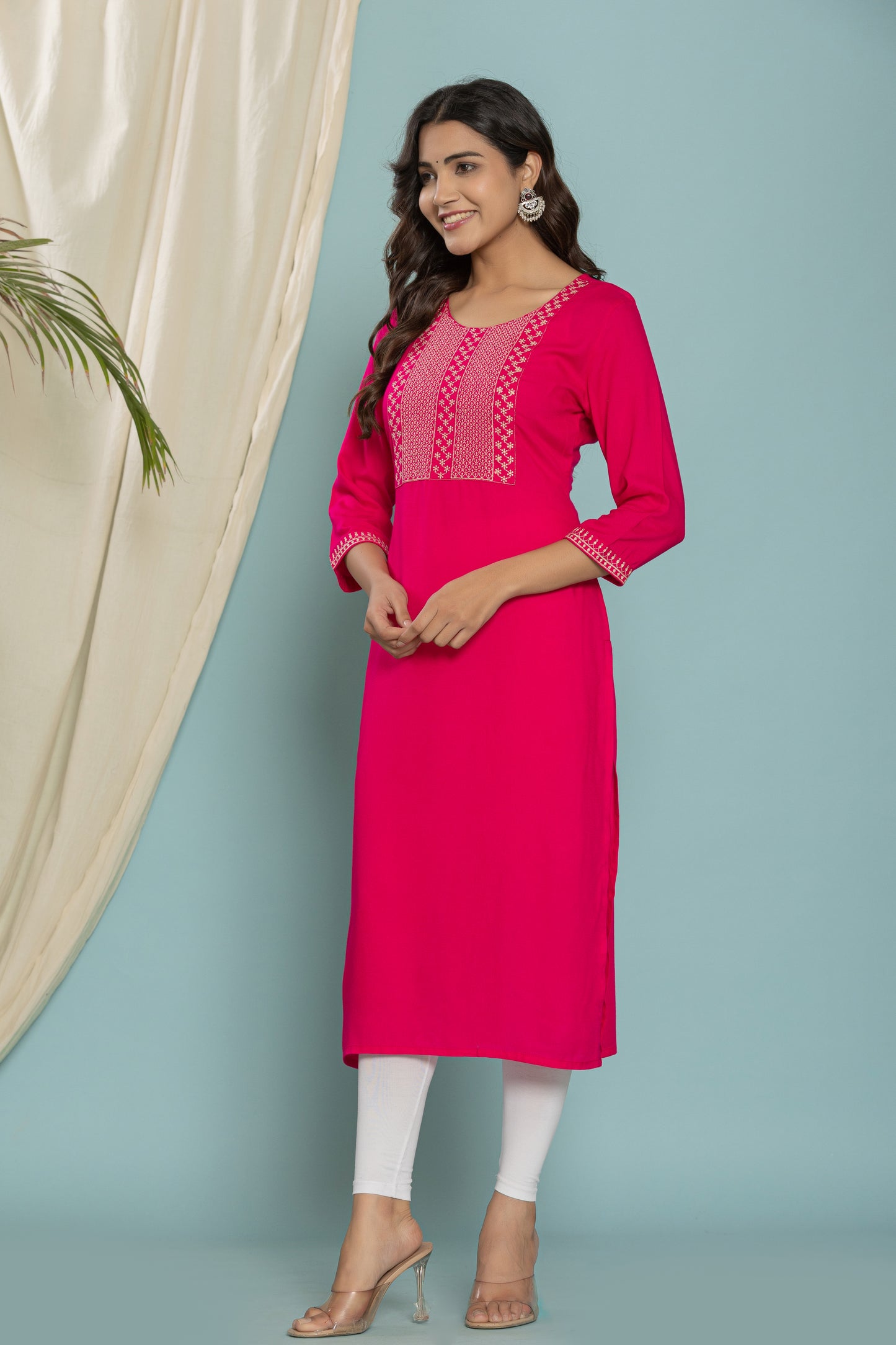 Rani-Pink Front Yoke Embroidered Rayon Kurta