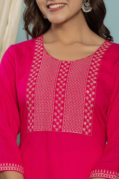 Rani-Pink Front Yoke Embroidered Rayon Kurta