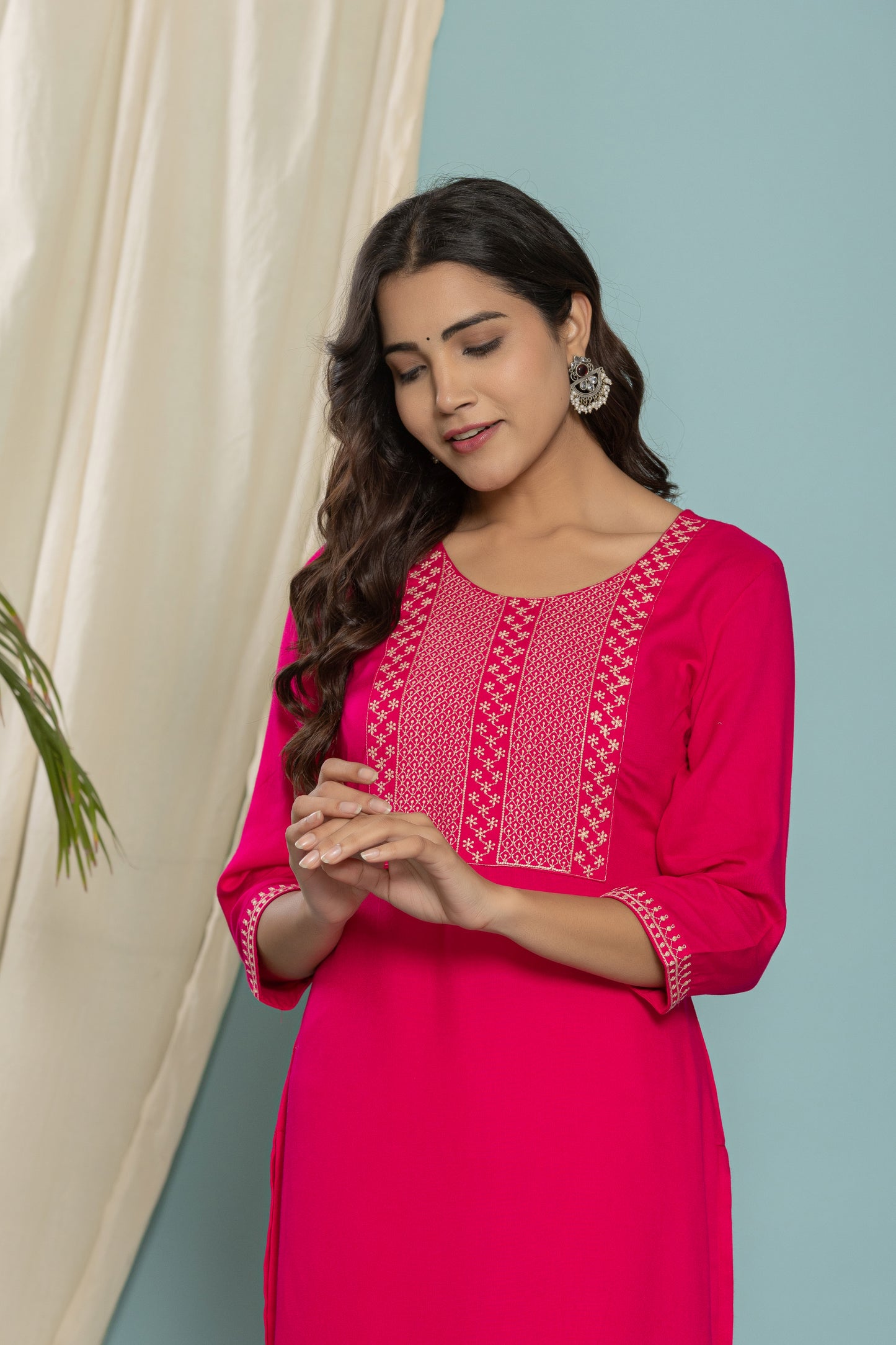 Rani-Pink Front Yoke Embroidered Rayon Kurta