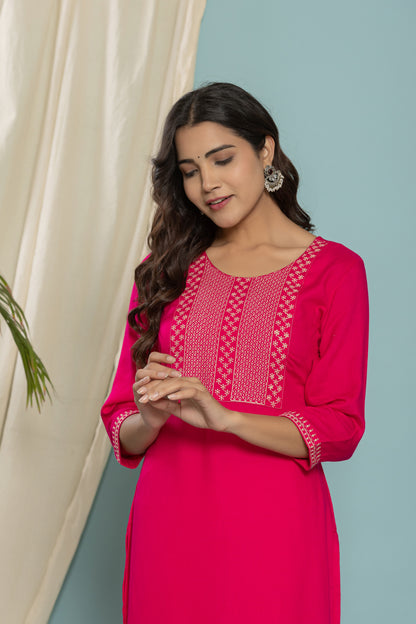 Rani-Pink Front Yoke Embroidered Rayon Kurta