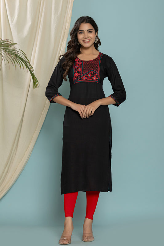 Black Front Yoke Embroidered Rayon Kurta