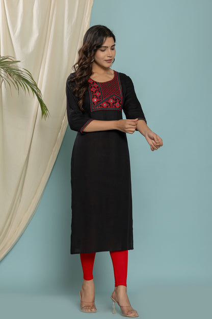 Black Front Yoke Embroidered Rayon Kurta
