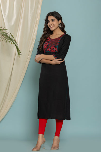 Black Front Yoke Embroidered Rayon Kurta