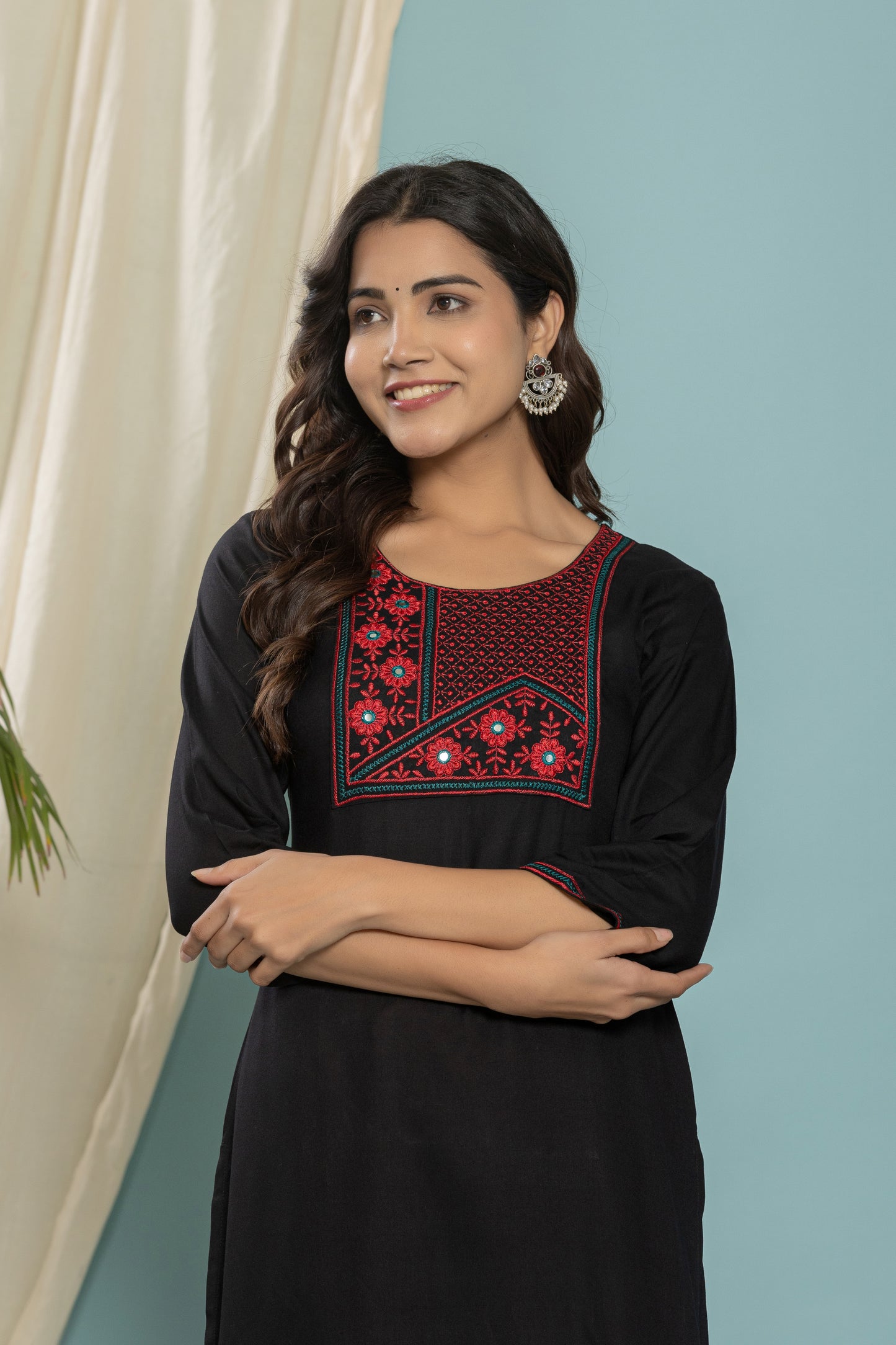 Black Front Yoke Embroidered Rayon Kurta