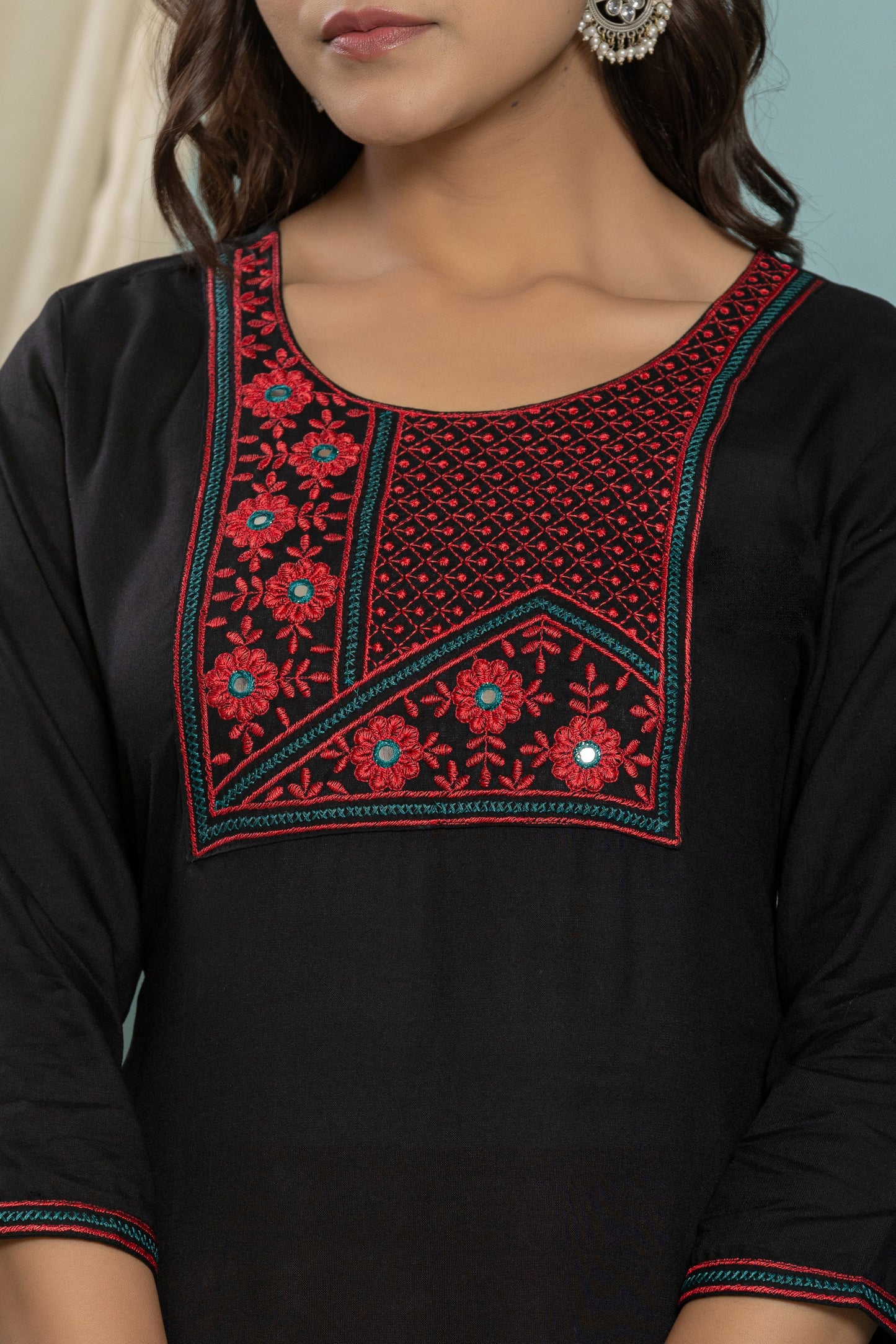 Black Front Yoke Embroidered Rayon Kurta