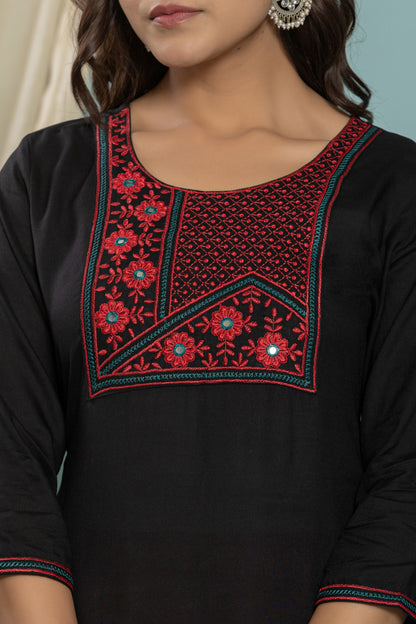 Black Front Yoke Embroidered Rayon Kurta