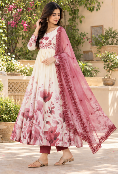 Georgette Anarkali 3pc suit set with Scalloped Dupatta