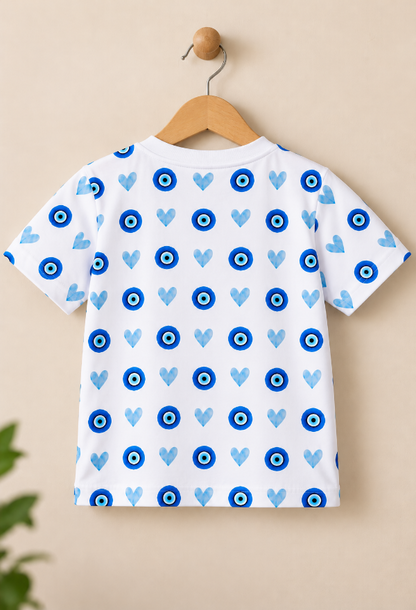 Kids Unisex Evil Eye & Heart Printed White T-Shirt
