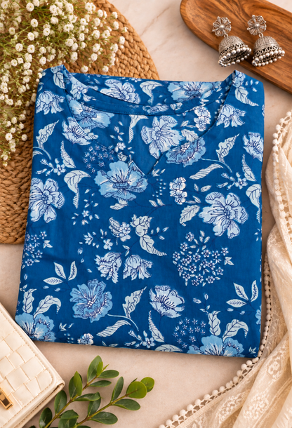 Blue Floral Printed Straight Kurta