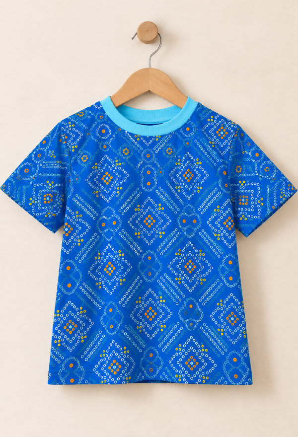 Blue Bandhani Print T-Shirt for Kids