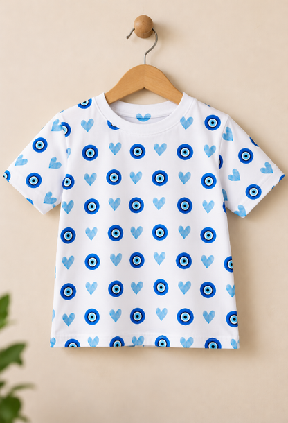 Kids Unisex Evil Eye & Heart Printed White T-Shirt