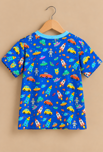 Blue Space Adventure Printed Kids T-Shirt