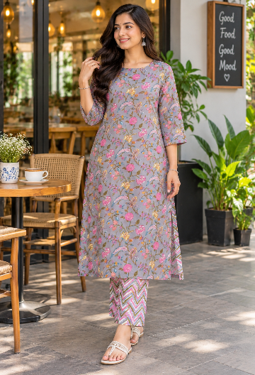 Grey Floral Printed Kurta Pant Set