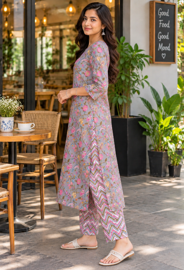 Grey Floral Printed Kurta Pant Set