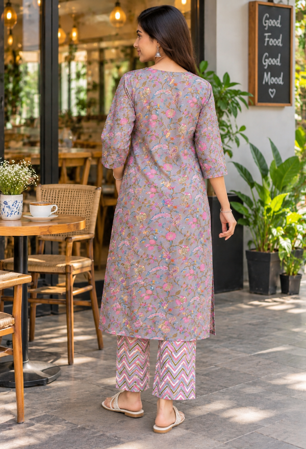 Grey Floral Printed Kurta Pant Set