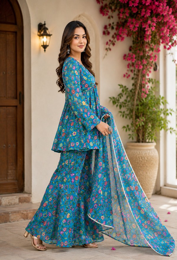 Vibrant Blue Printed Sharara Set