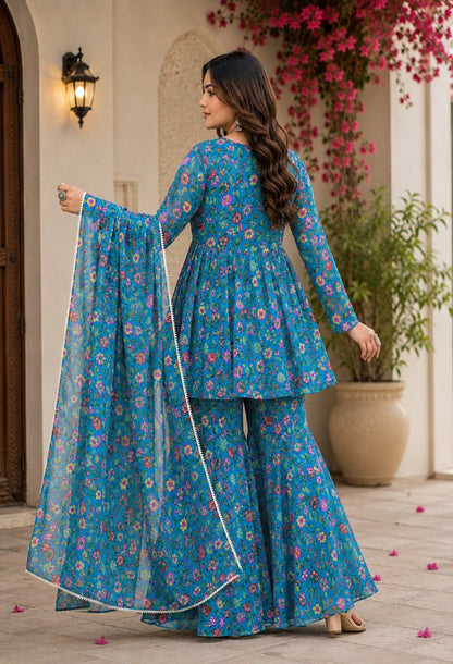 Vibrant Blue Printed Sharara Set