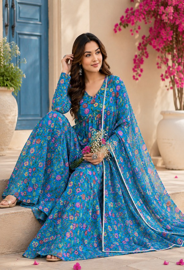Vibrant Blue Printed Sharara Set