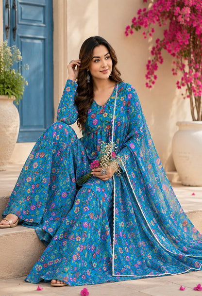 Vibrant Blue Printed Sharara Set