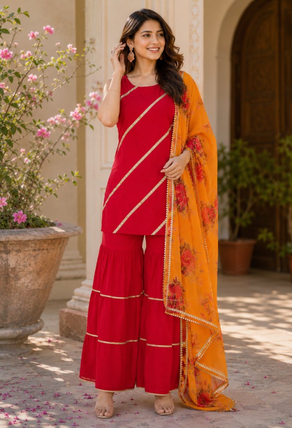 Elegant Red Tiered Sharara Set