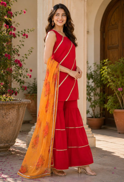 Elegant Red Tiered Sharara Set