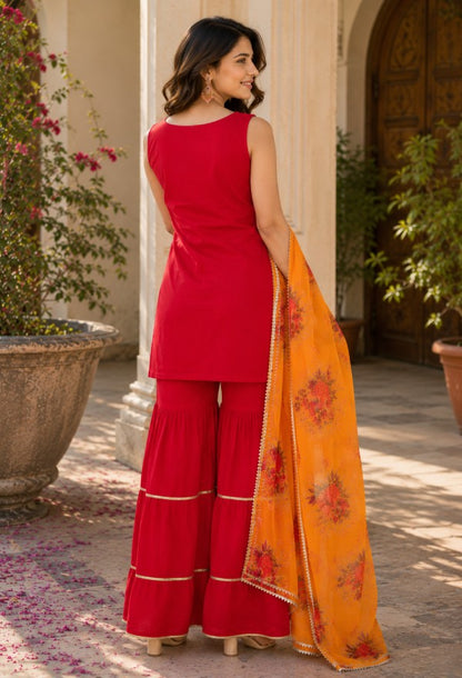 Elegant Red Tiered Sharara Set