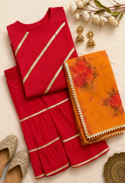 Elegant Red Tiered Sharara Set